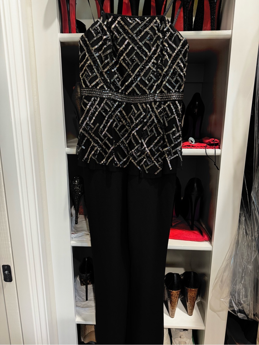 Stunning Aidan Mattox Black Jumpsuit with Silver Beaded Geometric Bodice